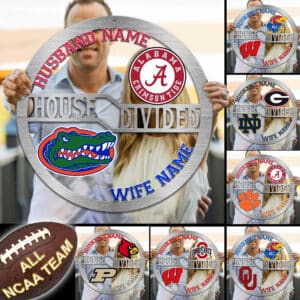 NCAA Team - House Divided Cut Metal Sign Custom Husband Name, Wife Name Choose Your Team - 01